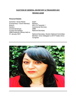 ELECTION of GENERAL SECRETARY & TREASURER 2021 REHANA AZAM Personal Details