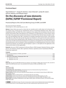 On the Discovery of New Elements (IUPAC/IUPAP Provisional Report)