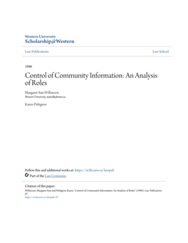 Control of Community Information: an Analysis of Roles Margaret Ann Wilkinson Western University, Mawilk@Uwo.Ca