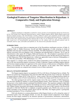 Geological Features of Tungsten Minerlisation in Rajasthan: a Comparative Study and Exploration Strategy