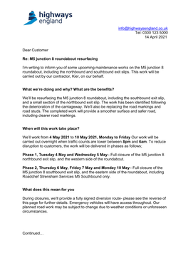 M5 Junction 8 Roundabout Resurfacing Letter To