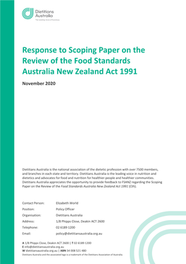 Response to Scoping Paper on the Review of the Food Standards Australia New Zealand Act 1991 November 2020