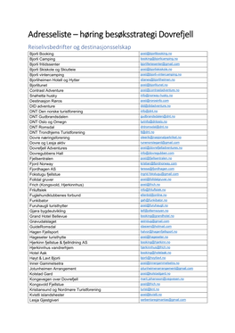 Adresseliste – Høring Besøksstrategi Dovrefjell Reiselivsbedrifter Og Destinasjonsselskap