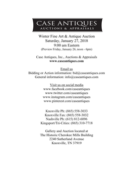 Winter Fine Art & Antique Auction Saturday, January 27, 2018 9:00 Am Eastern