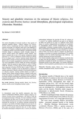 Sensory and Glandular Structures on the Antennae of Mantis Religiosa