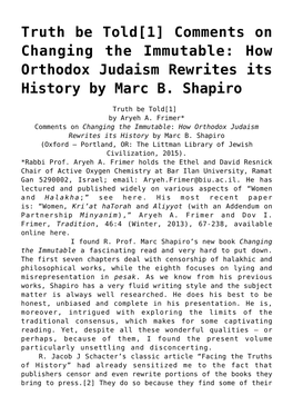 How Orthodox Judaism Rewrites Its History by Marc B