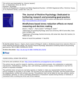 Mindfulness-Based Stress Reduction Effects on Moral Reasoning and Decision Making Shauna L