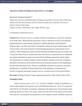 Advances in Melon Breeding (Cucumis Melo L.): an Update