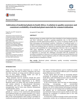 Cultivation of Medicinal Plants in South Africa: a Solution to Quality Assurance and Consistent Availability of Medicinal Plant Materials for Commercialization