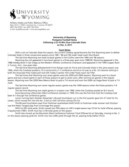 University of Wyoming Postgame Football Notes Following a 22-19 Win Over Colorado State on Dec