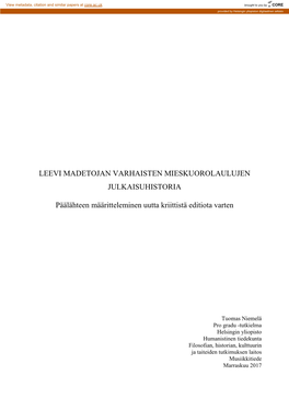 Leevi Madetojan Varhaisten Mieskuorolaulujen Julkaisuhistoria