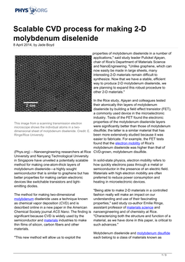 Scalable CVD Process for Making 2-D Molybdenum Diselenide 8 April 2014, by Jade Boyd