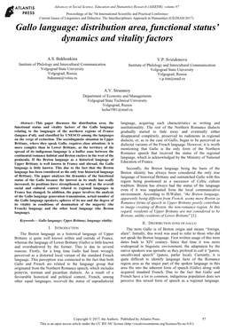 Gallo Language: Distribution Area, Functional Status’ Dynamics and Vitality Factors