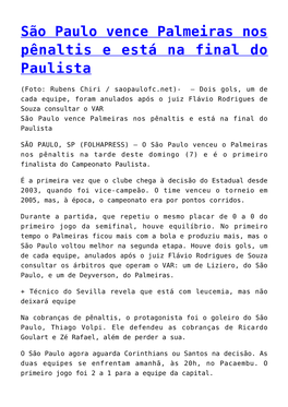 São Paulo Vence Palmeiras Nos Pênaltis E Está Na Final Do Paulista