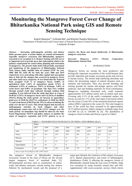 Monitoring the Mangrove Forest Cover Change of Bhitarkanika National Park Using GIS and Remote Sensing Technique