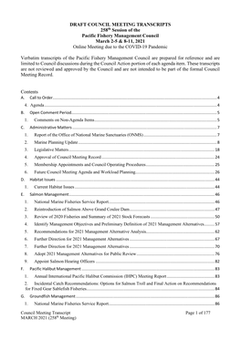 DRAFT COUNCIL MEETING TRANSCRIPTS 258Th Session of the Pacific Fishery Management Council March 2-5 & 8-11, 2021 Online