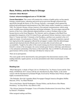 Race, Politics, and the Press in Chicago Instructor: Ethan Michaeli Contact: Ethanmichaeli@Gmail.Com Or 773 398 3366