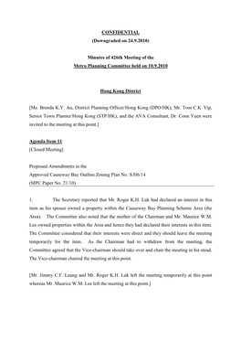 Minutes of 426Th Meeting of the Metro Planning Committee Held on 10.9.2010 Hong Kong Dist