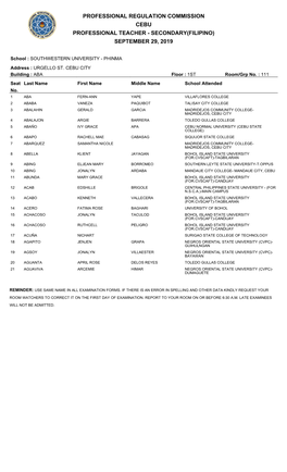 Professional Regulation Commission Cebu Professional Teacher - Secondary(Filipino) September 29, 2019