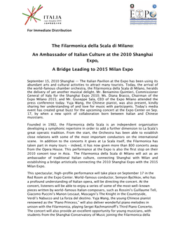 Press Release the Filarmonica Della Scala Di Milano