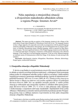 Neka Zapažanja O Etnojezičkoj Situaciji U Dvojezičnim Makedonsko - Al Banskim Selima U Regionu Prespa: Fenomen Arvati *