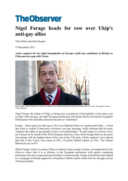 Nigel Farage Heads for Row Over Ukip's Anti-Gay Allies