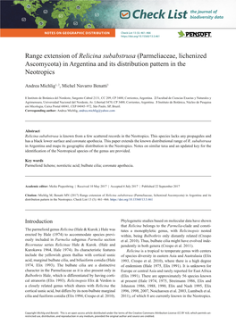 Range Extension of Relicina Subabstrusa (Parmeliaceae, Lichenized Ascomycota) in Argentina and Its Distribution Pattern in the Neotropics