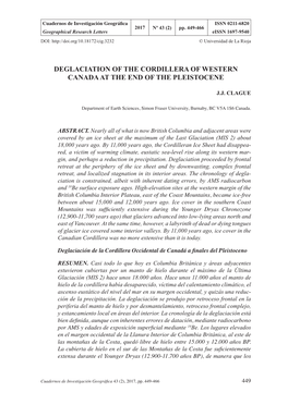 Deglaciation of the Cordillera of Western Canada at the End of the Pleistocene