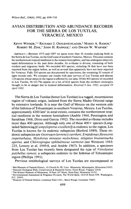 Avian Distribution and Abundance Records for the Sierra De Los Tuxtlas, Veracruz, Mexico