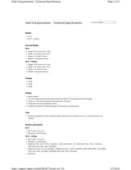 Ipad (3Rd Generation) - Technical Specifications Page 1 of 5