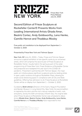 Second Edition of Frieze Sculpture at Rockefeller Center® Presents