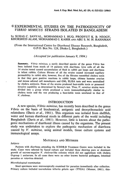 EXPERIMENTAL STUDIES on the PATHOGENICITY of VIBRIO MIMICUS STRAINS ISOLATED in BANGLADESH by SUHAS C