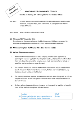 KINLOCHBERVIE COMMUNITY COUNCIL Minutes of Meeting 28Th February 2017 at the Harbour Offices