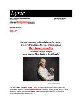 Der Rosenkavalier Continues Tonight at Lyric Now Starring Alice Coote in the Title Role