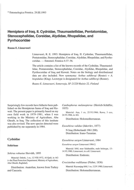 Hemiptera of Iraq. II. Cydnidae, Thaumastellidae, Pentatomidae, Stenocephalidae, Coreidae, Alydidae, Rhopalidae, and Pyrrhocoridae