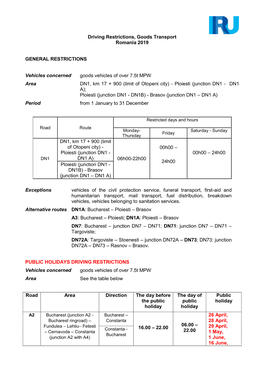 Driving Restrictions, Goods Transport Romania 2019 GENERAL RESTRICTIONS Vehicles Concerned Goods Vehicles of Over 7.5T MPW Area