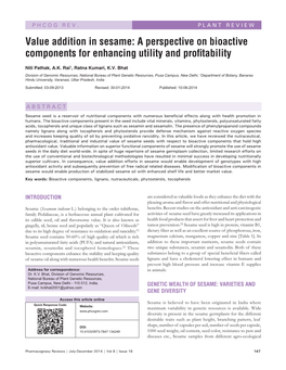 Value Addition in Sesame: a Perspective on Bioactive Components for Enhancing Utility and Profitability