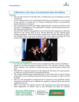 Editorial 1: on Iran, It Is Decision Time for Biden Context • the Recently Elected U.S