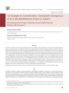Unintended Consequences of an in Situ Rehabilitation Project in Ankara* Bir Soylulaştırma Örneği: Ankara’Da Yerinde Islah Projesinin Beklenmedik Sonuçları**