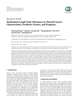 Research Article Mediastinal Lymph Node Metastases in Thyroid Cancer: Characteristics, Predictive Factors, and Prognosis