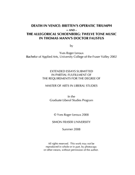 Death in Venice: Britten's Operatic Triumph -And- the Allegorical Schoenberg: Twelve Tone Music in Thomas Mann's Doctor Faustus