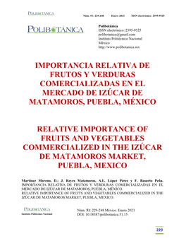 Importancia Relativa De Frutos Y Verduras Comercializadas En El Mercado De Izúcar De Matamoros, Puebla, México
