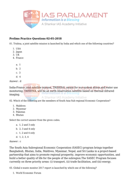 Prelims Practice Questions 02-05-2018 India-France Joint Satellite Mission, TRISHNA, Meant for Eco-System Stress and Water Use M