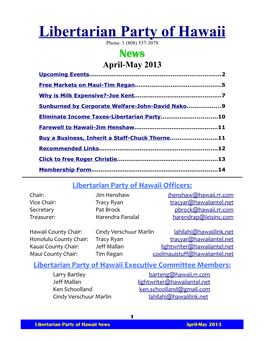 Libertarian Party of Hawaii Phone: 1 (808) 537-3078 News April-May 2013 Upcoming Events