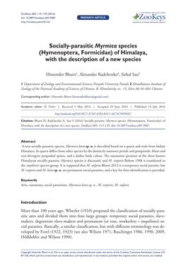 Socially-Parasitic Myrmica Species (Hymenoptera, Formicidae) of Himalaya, with the Description of a New Species