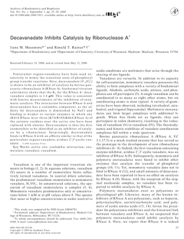 Decavanadate Inhibits Catalysis by Ribonuclease A1