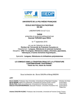Le Comique Dans La Tradition Orale Et La Littérature Contemporaine Tahitiennes ? »