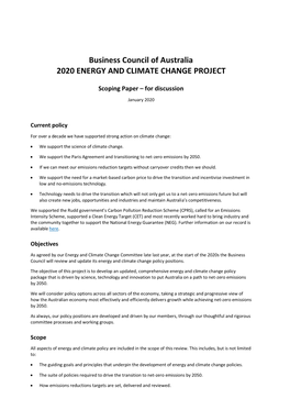 Business Council of Australia 2020 ENERGY and CLIMATE CHANGE PROJECT