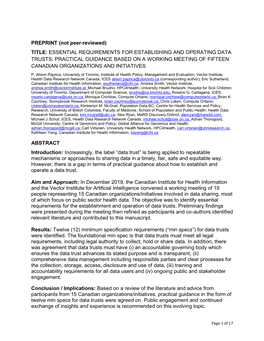 Essential Requirements for Establishing and Operating Data Trusts: Practical Guidance Based on a Working Meeting of Fifteen Canadian Organizations and Initiatives