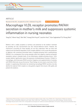 Macrophage VLDL Receptor Promotes PAFAH Secretion in Mother's Milk